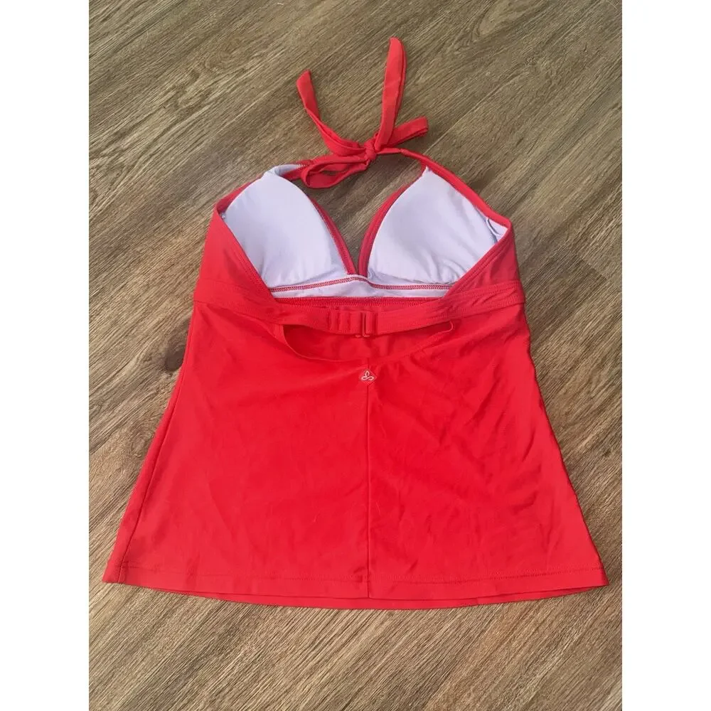 prAna Womens Red Halter Tankini Swim Top Size XS V-Neck Back Hook Tie Neck